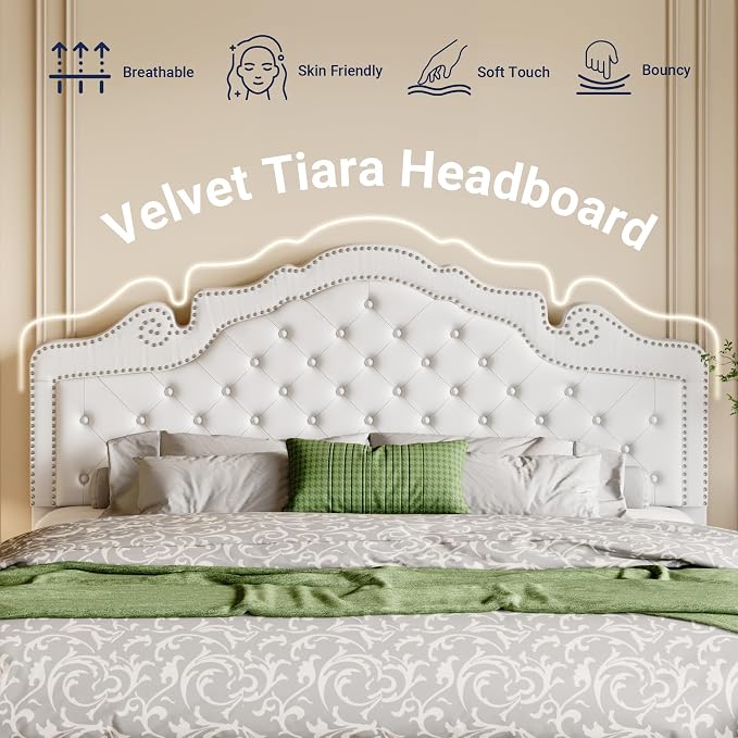 Allewie King Bed Frame with Adjustable Velvet Tiara Headboard, Upholstered Diamond Button Tufted Platform Bed, Wood Slats Support, No Box Spring Needed, Mattress Foundation, Easy Assembly, White