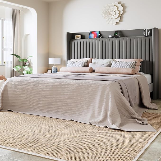 Allewie Queen Size Platform Bed Frame with USB Charging Station and Storage Shelf/Upholstered Velvet Wingback Headboard/Wooden Slats Support/No Box Spring Needed/Easy Assembly, Grey