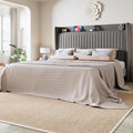 Allewie King Size Platform Bed Frame with USB Charging Station and Storage Shelf/Upholstered Velvet Wingback Headboard/Wooden Slats Support/No Box Spring Needed/Easy Assembly, Grey