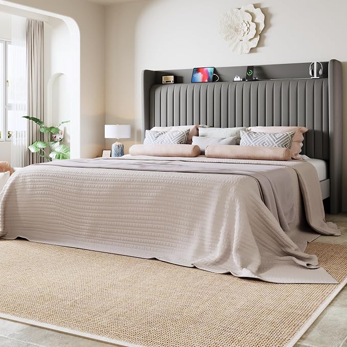 Allewie King Size Platform Bed Frame with USB Charging Station and Storage Shelf/Upholstered Velvet Wingback Headboard/Wooden Slats Support/No Box Spring Needed/Easy Assembly, Grey