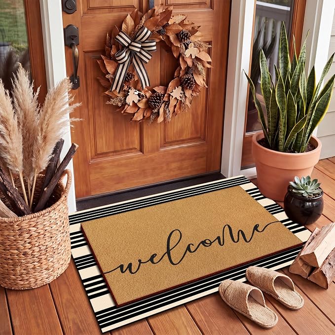 Tinideya 2 Pcs Door Mat Welcome Home Non Slip Coir Mats Floor Layering Black and White Stripes Doormats Seasonal for Front Porch Entryway Decor(23.6 x 35.4 Inches,Western Striped,Brown Black)