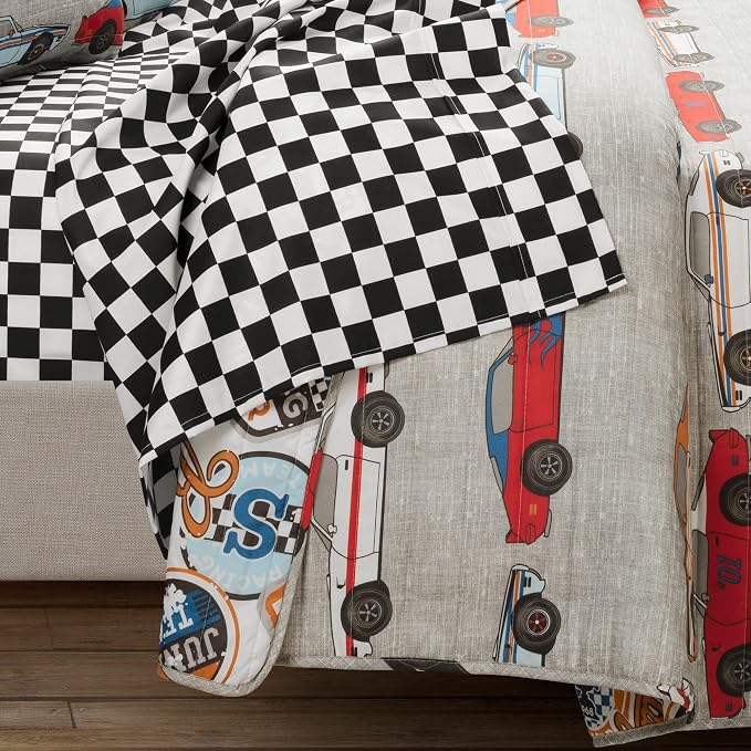 Lush Decor Race Car Kids' 5-Piece Oversized Quilt Bed Set, Reversible Bedding Set for Boys, Blue & Orange, Twin