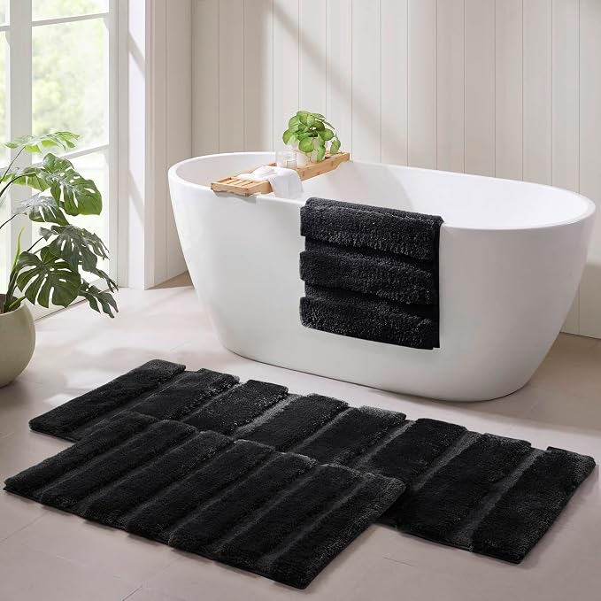 Madison Park Tufted Pearl Channel Bath Rug Non-Slip, 24 x 58, Black | Soft Pile, Machine Washable, Striped Pattern, Absorbent, Plush, OEKO-TEX Certified