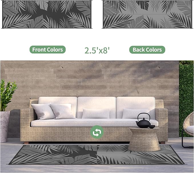 GENIMO Outdoor Rug, Waterproof Plastic Runner Rugs, 2.5'x8' Black Grey | Outside Leaf Carpet Mat for Patio Decor, Porch, Deck, Balcony, Camping, RV, Picnic, Beach, Reversible, Foldable, Lightweight