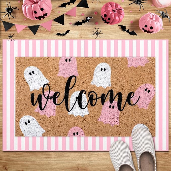 Tinideya 2 Pcs Pink Halloween Welcome Mats for Front Door, Cute Ghost Coir Doormat with Pink White Striped Rug, Layered Doormat Set for Front Porch Entryway Outdoor Fall Decor
