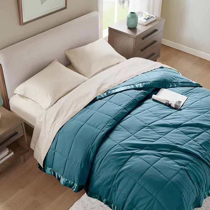 Madison Park Down Alternative Queen Blanket for Bed, Satin Trim, Teal | Lightweight Windom Blanket Full Size Premium 3M Scotchgard Moisture Wicking Treatment, OEKO TEX, Soft Bed Cover, All Season