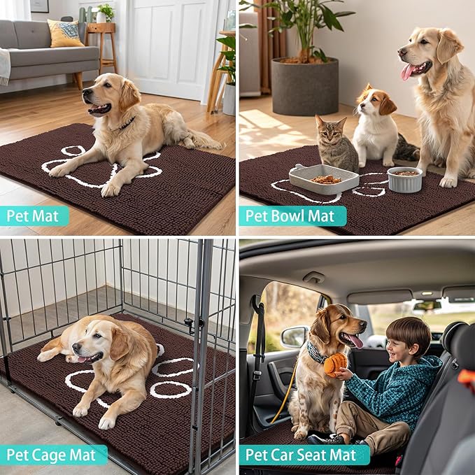 Smiry Dog Door Mat for Muddy Paws, Absorbent Dirt Trapper Non Slip Quick Dry Washable Chenille Mat for Mud Dogs, Entry Rug for Indoor and Outdoor (59x24 Inches, Brown and White)