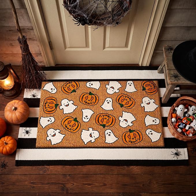 Moucuny 2 Pcs Halloween Coir Doormat Outdoor Cute Ghost Pumpkin Welcome Mat, Black and White Stripe Rug Halloween Outdoor Doormat for Front Door Porch Entryway Decor, 16'' x 28'', 24'' x 35''