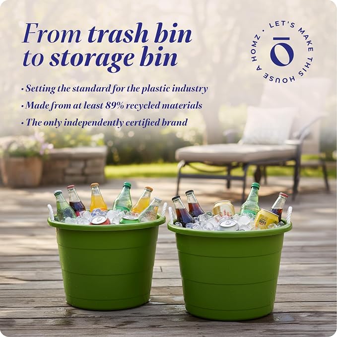 Homz 2 Pack of 17 Gallon Storage Buckets, Durable Plastic Containers, Sturdy Rope Handles, Large Tubs for Sports Equipment, Party Cooler, Gardening, Toys and Laundry, Bold Lime