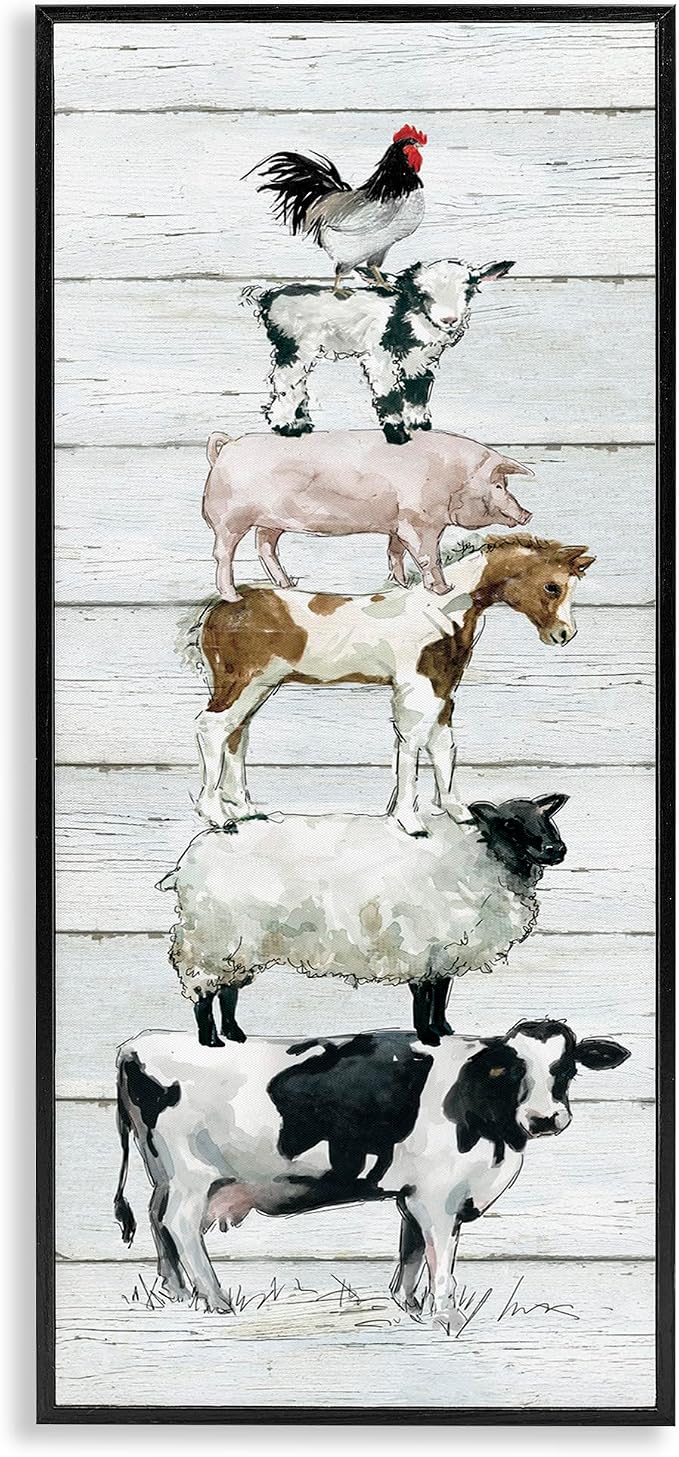 Stupell Industries Country Farm Animal Stack Cow Sheep Pig Rooster, Designed by Carol Robinson Black Framed Wall Art, 10 x 24, Multi-Color