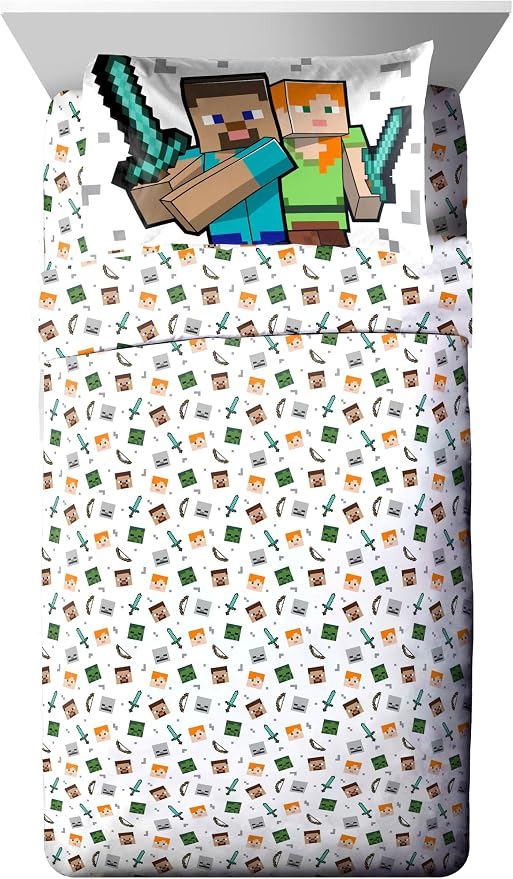 Jay Franco Minecraft Full Comforter Set - 7 Piece Bedding Includes Sheet Set & Pillow Covers - Super Soft Kids Bedding Creeper & Zombie