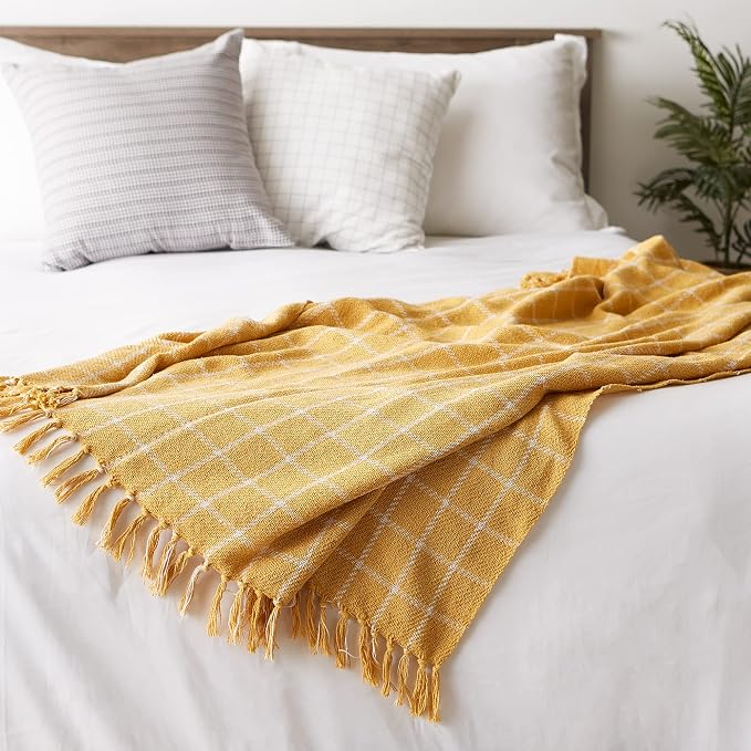 DII Transitional Checked Plaid Woven Throw, 50x60, Honey Gold
