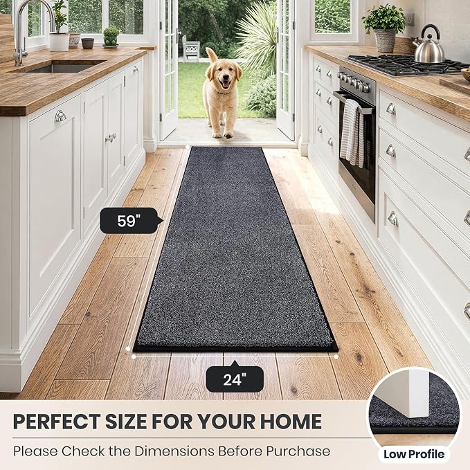 PURRUGS Dirt Trapping Door Mat 24" x 59", Non-Slip Machine Washable Entryway Rug, Dog Doormat, Indoor Front Door Mat, Super Absorbent Entry Rug for Muddy Shoes & Paws, Bluish Grey-Black