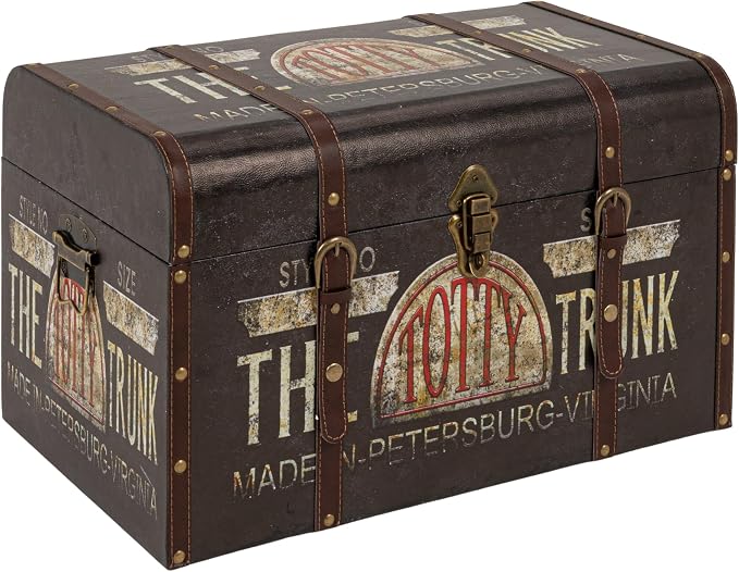 Household Essentials Large Decorative Storage Trunk with Vintage Decoupage, Leather and Metal Accents, Green and Black Finish