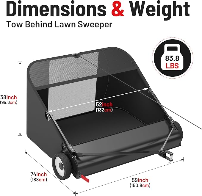 Suchtale 52 Inch Tow Behind Lawn Sweeper with 26 Cu Ft Hopper | 52 Inch Sweeping Path, 26 Cu Ft Hopper, Adjustable Brush Height, Dumping Rope, Steel Frame, Lawn Tractor Attachment
