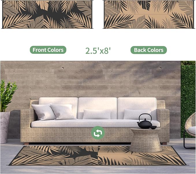 GENIMO Outdoor Rug, Waterproof Plastic Runner Rugs, 2.5'x8' Black Brown | Outside Leaf Carpet Mat for Patio Decor, Porch, Deck, Balcony, Camping, RV, Picnic, Beach, Reversible, Foldable, Lightweight