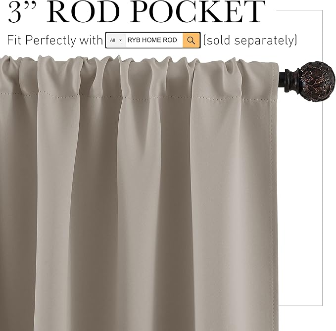 RYB HOME 54 inch Blackout Curtains for Living Room, Rod Pocket Thermal Insulated Small Window Drapes Room Darkening Shades for Bedroom Studio Dorm, W 42 x L 54 inch, Set of 2 Panels, Sand
