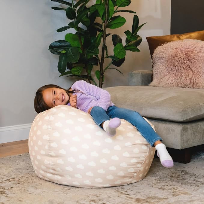 Big Joe Classic Bean Bag Chair for Kids Bedroom and Reading Nook, Easy-Clean Mini Clouds Oat, Durable Nylon Polyester Blend, 2 feet Refillable