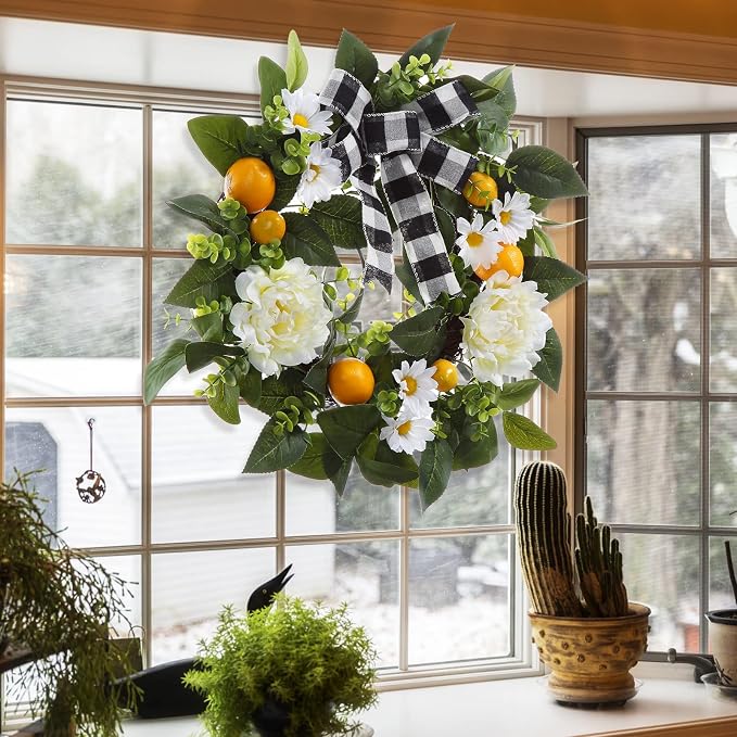 Garvee 20" Lemon Wreath for Front Door, Spring Summer Fruit Wreath | with Artificial Yellow Lemon Peony Flower and Buffalo Check Bow, Lemon Decor for Farmhouse Kitchen Porch Wall Home Decor
