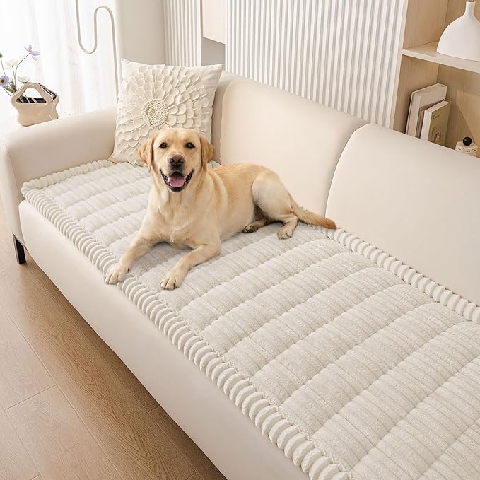 Smiry Couch Cover for Dogs Washable, Non Slip Fuzzy Pet Couch Covers for 3 Cushion Sofa Pet Friendly, Thick Soft Sofa Slipcovers Cushion Protector (White, 27.6" x 82.7")