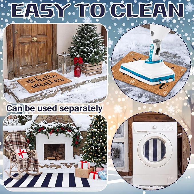 Moucuny 2 Pcs Hello Winter Door Mat Outdoor Snowflake Nature Coir Welcome Outdoor Rug Dark Blue White Stripe Front Door Rugs Non Slip Floor Mats for Winter Entrance Front Porch Decor
