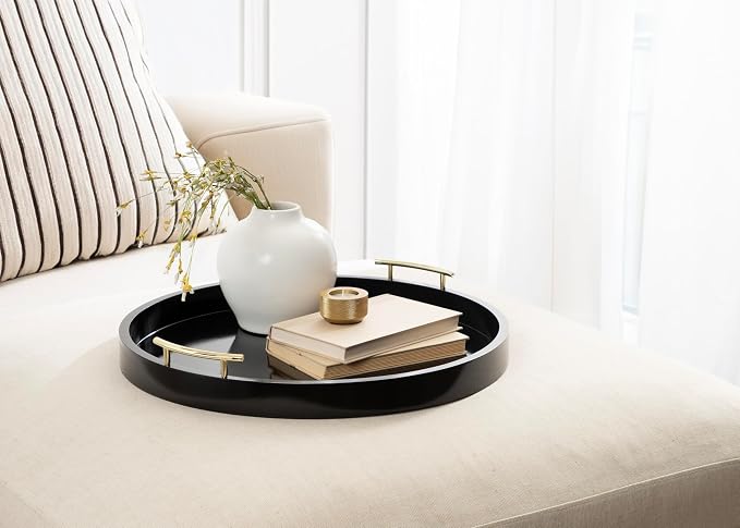 Kate And Laurel Lipton Modern Round Ottoman Tray; 22 Inch Diameter; Black and Gold; Decorative Circle Coffee Table Tray for Living Room Decor or Large Serving Tray