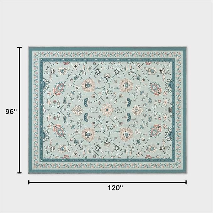EVERGRACE Area Rugs for Living Room 8x10, Boho Floral Faux Wool Indoor Outdoor Rugs, Washable Rugs for Bedroom Dining Room Entryway Kitchen, Low Pile Floor Mat Carpet for Home Decor, Pale Blue