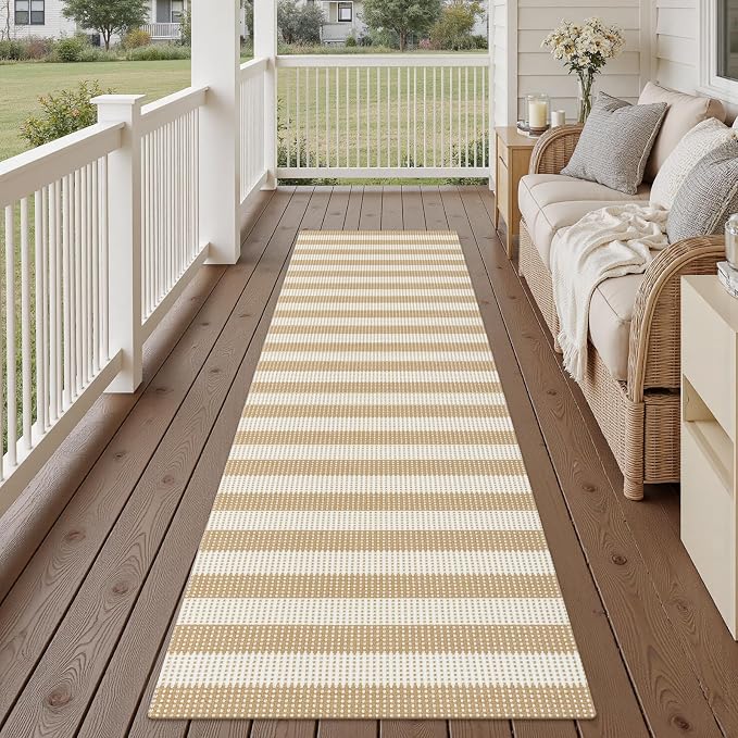 Rugalia Washable Woven Hallway Runner Rug, 2x8 Natural Beige Striped Cotton Rug Runners for Entryway Non-Slip Long Kitchen Mat, Modern Neutral Throw Runner Carpet for Outdoor Porch Laundry