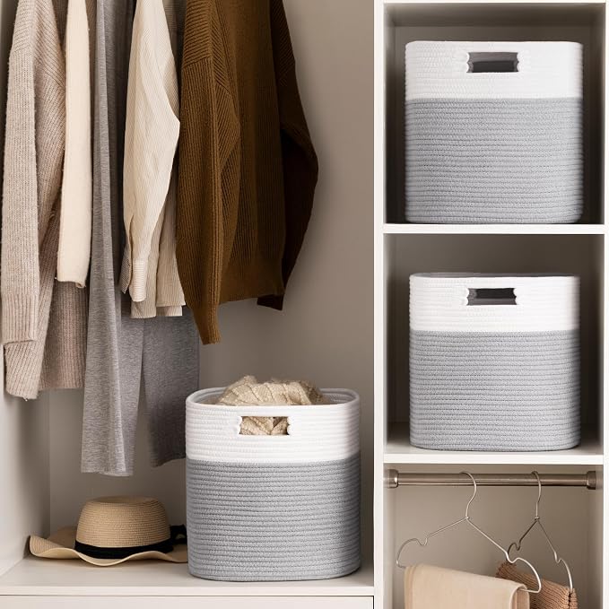 UBBCARE Set of 4 Storage Basket-13 X 13 X 13 in, Cotton Rope Basket for Shelves, Toys, Book, Cube Storage Bins with Handles, Woven Storage Basket for Organizing, White/Grey