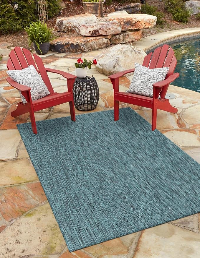 Unique Loom Outdoor Solid Collection Area Rug (10' x 14' 1" Rectangle Teal/Navy Blue)