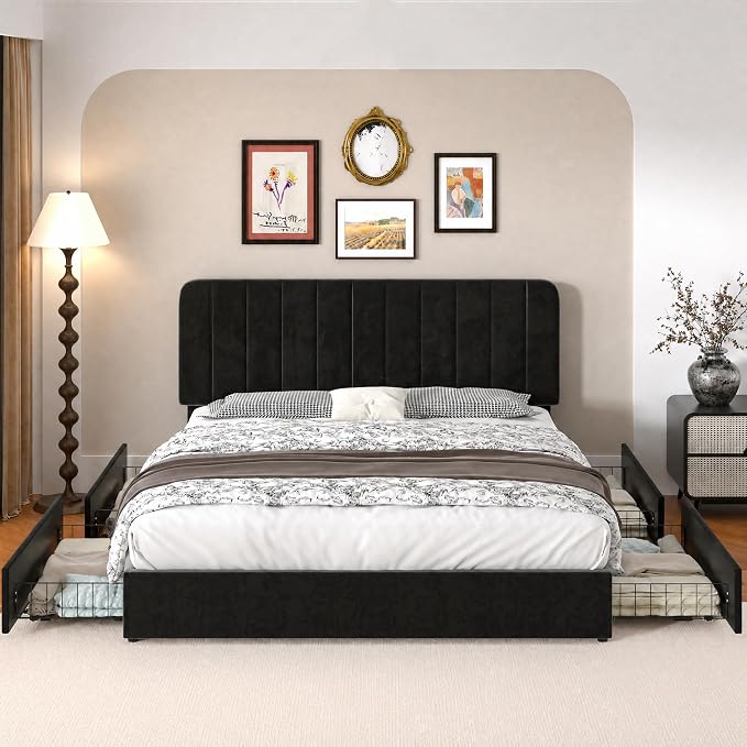VECELO King Size Upholstered Bed Frame with 4 Drawers and Headboard, Velvet Platform Storage Bedframe, Wooden Slats Support, No Box Spring Needed,Black