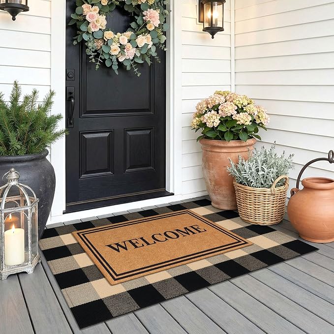 KOZYFLY Buffalo Plaid Area Rugs 2.3x3.6 Ft Brown and Black Rug Washable Front Door Mat Woven Cotton Indoor Outdoor Rug for Front Porch Kitchen Entryway Patio Farmhouse Checkered Doormat