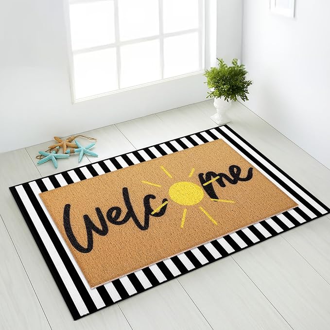 Tinideya 2 Pcs Door Mat Welcome Non Slip Coir Mats Floor Layering Doormats Seasonal for Front Porch Entryway Decor(Golden Sun)