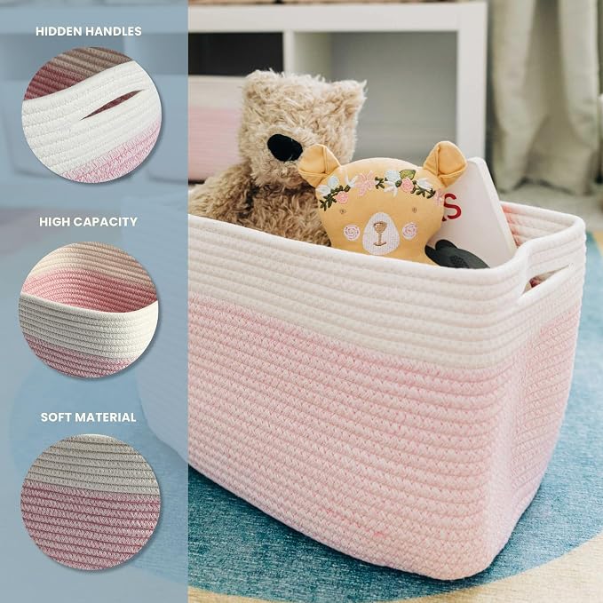OrganiHaus Cotton Rope Baskets for Shelves, Set of 3, 15x9x10 | Handwoven; a toy bin and organizer for towels, books, or blankets; fits nursery, playroom, or bedroom decor