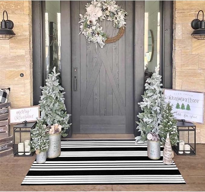 OJIA Black and White Outdoor Rug 3x5, Front Door Mat Patio Rugs Porch Decor | Cotton Woven Striped Rug Machine Washable Entryway Rug Indoor Outside Area Rug Front Door Mat for Farmhouse/Home Entrance