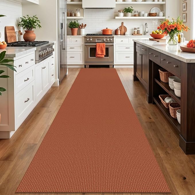 IOHOUZE Washable Exrea Long Hallway Runner Rug 3x14 Non Slip Rubber Backed Kitchen Runner Entryway Runner Indoor, Woven Rugs Floor Carpet for Kitchen Hall Entryway, Burnt Orange/Tan