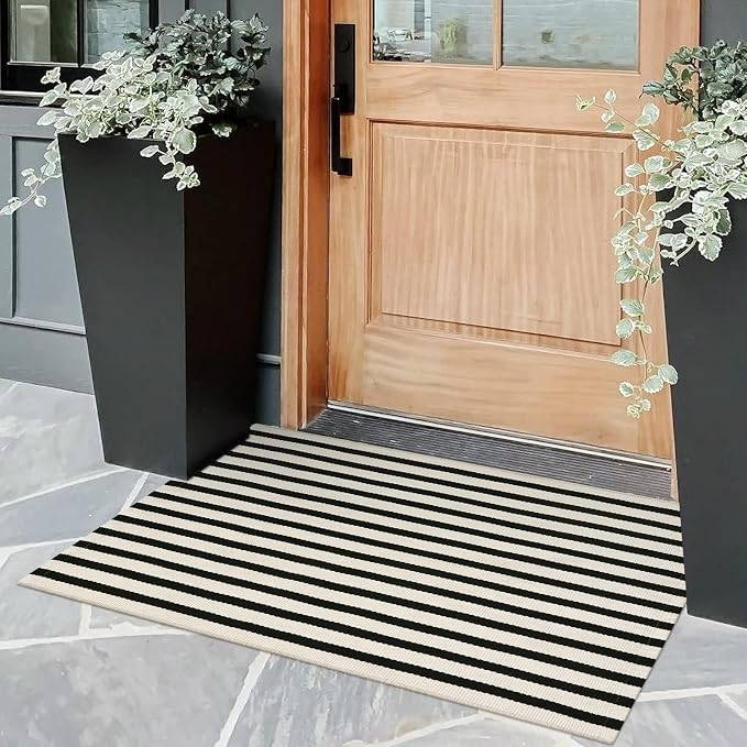 OJIA Front Door Mat 24"x35" Front Door Rug Outdoor Mat Porch Rug Doormat | Black Cream Striped Rug Machine Washable Entry Rug Cotton Woven Indoor Outdoor Small Area Rugs for Entrance/Entryway Decor