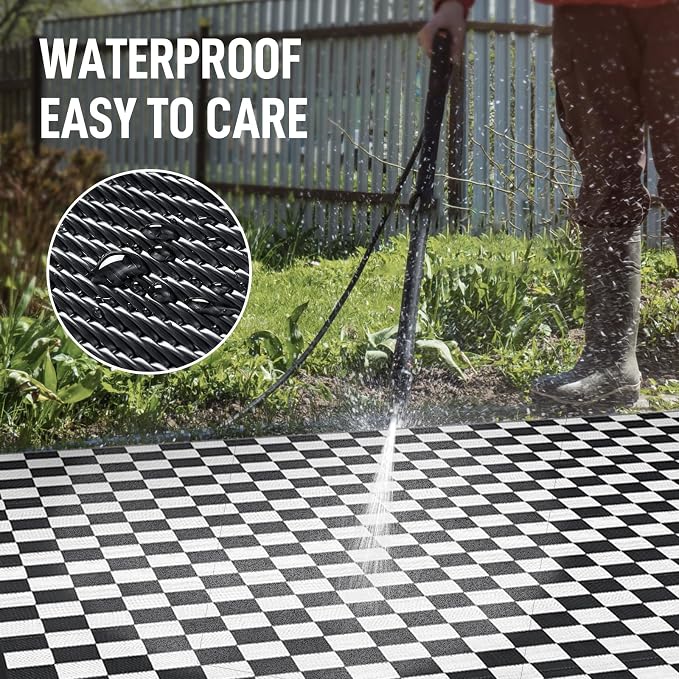 GOTGELIF Checkered RV Mat - 9x18FT, Reversible & Water-Resistance & Portable for RV Trips, Picnic, Camping, Outdoor, Garden, Patio - Black and White Checkered