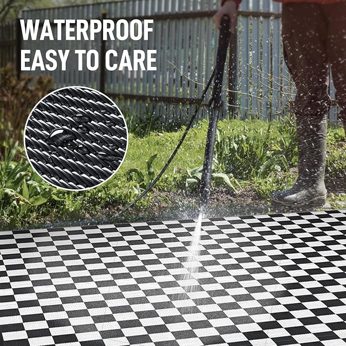 GOTGELIF Massive Outdoor Patio Rug - 9x12FT, Reversible & Water-Resistance & Portable for RV Trips, Picnic, Camping, Outdoor, Garden, Patio - Black and White Checkered