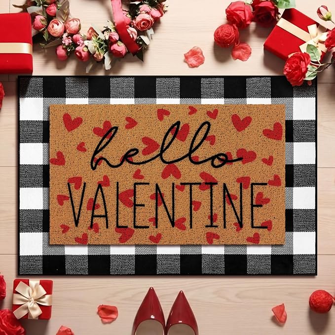 Tinideya 2 Pcs Valentine Door Mat Hello February 14th Welcome Non Slip Coir Mats Red Heart Black and White Plaid Floor Layering Doormats Seasonal for Front Porch Entryway Decor(Valentine)