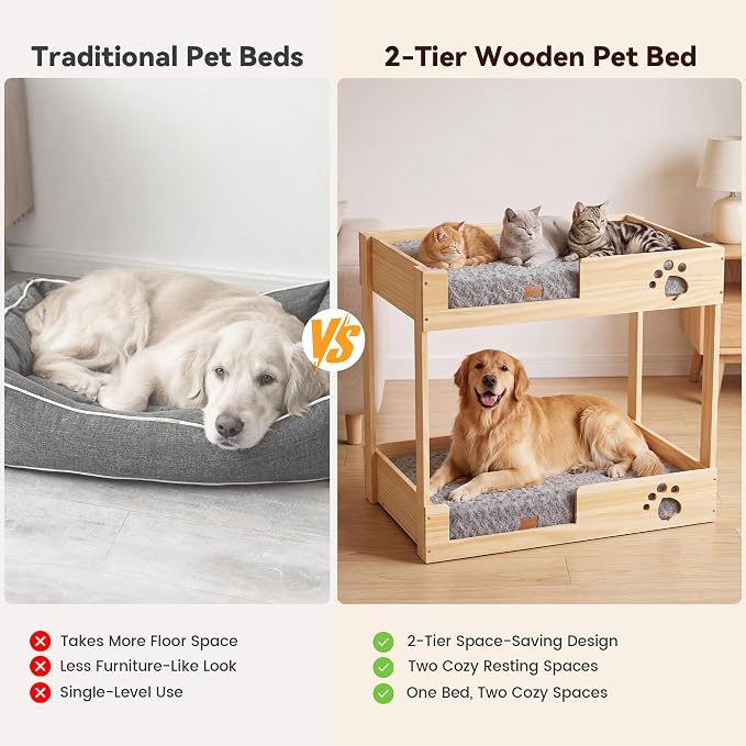 BALAPET Wooden Bunk Dog Bed with 2 Memory Foam Beds | Modern Pet Furniture, Waterproof Liners, Washable Covers, 31.1 x 20.9 x 29.9 in, Bedside Window Perch, For Medium Dogs & Cats
