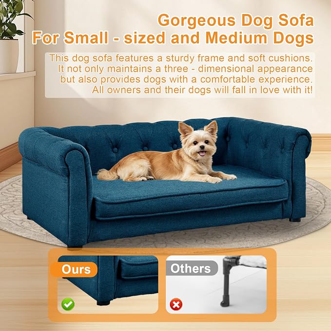 Dog Sofa for Small & Medium Dogs | Removable & Washable | No Assembly Required | Breathable Linen Fabric | Soft Foam Cushion |Floor-friendly sofa legs | Blue
