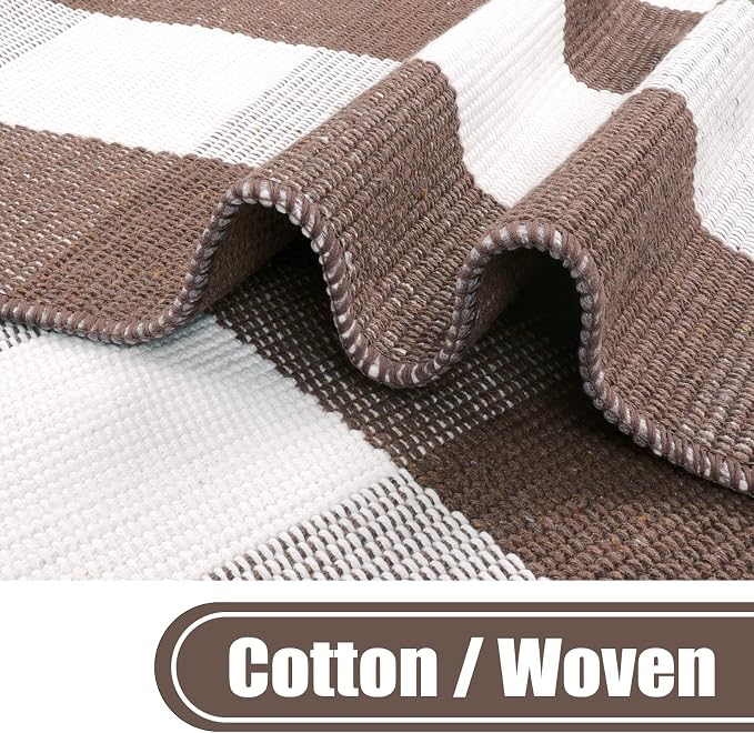 KIMODE Fall Decor Front Door Mat Buffalo Plaid Outdoor Rug 24"x51" Brown and White Checkered Rug Farmhouse Fall Thanksgiving Front Porch Rug Cotton Washable Layered Doormats Autumn Mats