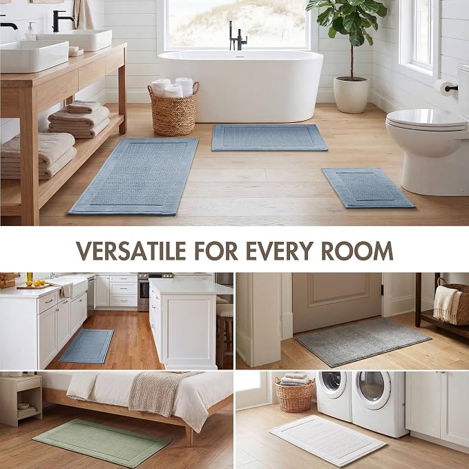 Madison Park Sanctuary 100% Cotton Non-Slip Bath Rug, 24x36 Inch, Blue | Low-Profile Woven Design, Ultra Soft Absorbent & Machine Washable, Ideal for Bathroom Bedroom and Entryway Decor