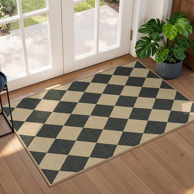 Lessymo Checkered Easy Jute Entryway Rug, 2x3 Washable Non Slip Door Mat | Non Shed Indoor Outdoor Carpet for Kitchen Porch Bathroom Bedroom Bedside, Kid Pet Friendly, Diamond Black/Beige Area Rug