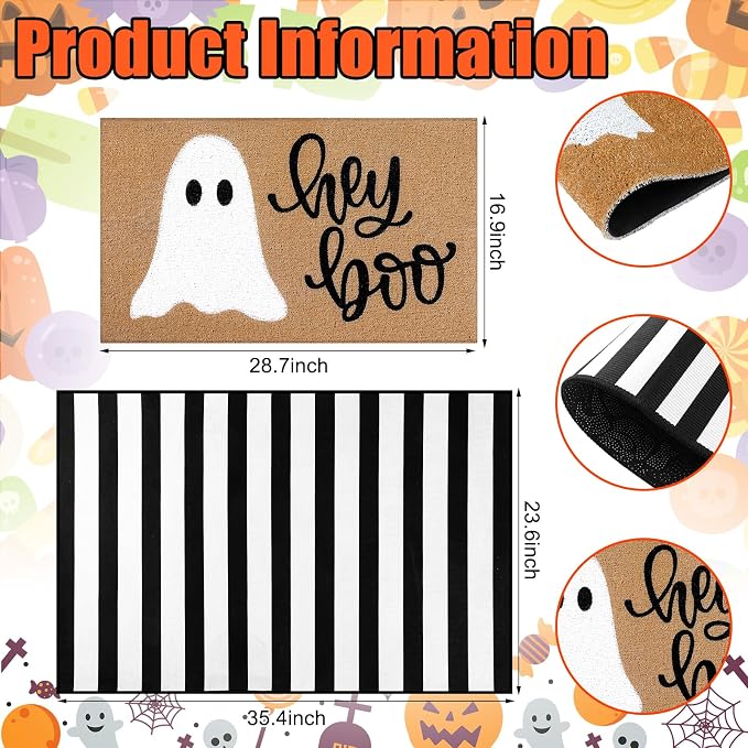 Tinideya 2 Pcs Halloween Door Mat Outdoor Hey Boo Ghost Welcome Doormats for Front Door Non Slip Ghost Coir Floor Mat Black White Stripe Halloween Rug for Entryway Front Porch Outside Decor