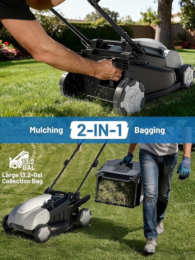 Litheli Electric Lawn Mower Cordless 16", Grass Cutter Machine for 3200 Sq. Ft, 2 in 1 Bagging/Mulching, Brushless Motor, 6 Cutting Heights, Includes 2 * 5.0 Ah Battery and Charger