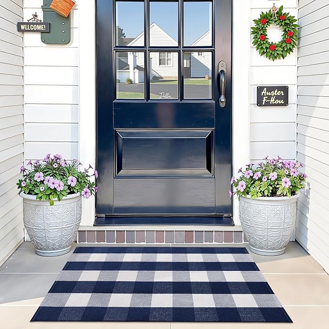 OLANLY Buffalo Plaid Rug 2' x 3' (24" x 36") – Navy and White Cotton Checkered Doormat, Washable Indoor Outdoor Rug for Layered Front Porch, Kitchen, Entryway Decor