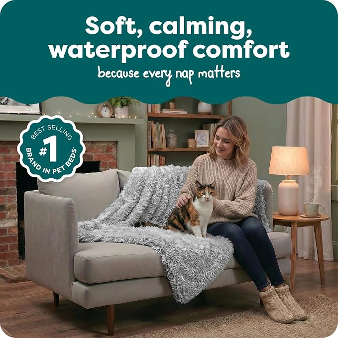 Furhaven Waterproof Throw Blanket for Dogs & Indoor Cats, Washable - Shaggy Plush Calming Long Faux Fur & Velvet Dog Blanket - Mist Gray, Medium