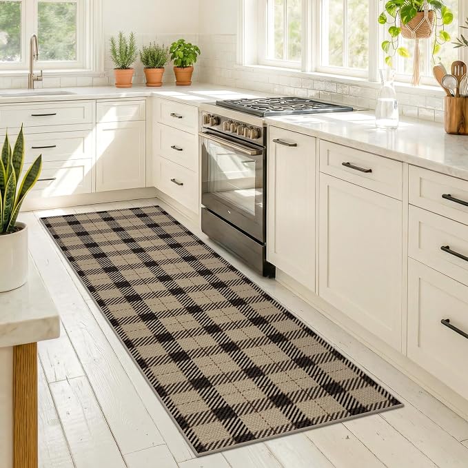 JTJ Easy Jute Plaid Runner Rug 2x6, Machine Washable Non Slip Kitchen Runner Rug, Black & Tan Indoor Outdoor Rug for Entryway, Hallway, Laundry Room, Patio & Porch, Low Pile Carpet